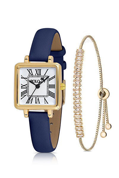 Polo Air Kare Kasa Deri Kordon Kadın Kol Saati Zirkon Taşlı Baget Bileklik La...