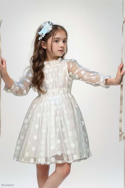 Riccotarz White Polka Dot Detailed Girl's Dress - Transparent Tulle Sleeves