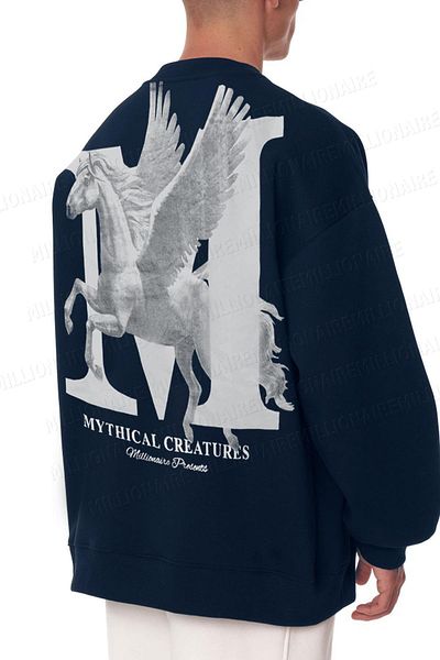 Millionaire Ανδρικό φούτερ Navy Blue Oversize - Mythical Printed, Thick Soft 3 Thread, Raster 0 Neck