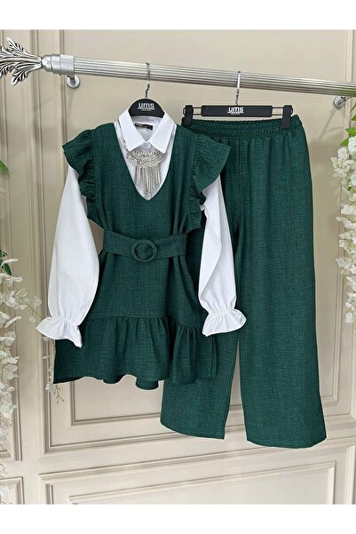 moda periy kadın pamuklu Fırfırlı 4'lü Kombin gömlek yelek pantolon kemer tesettür takım