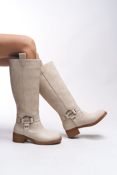 Riccon Thefrila Women's Matte Beige Knee High Biker Stiefel - 00123024