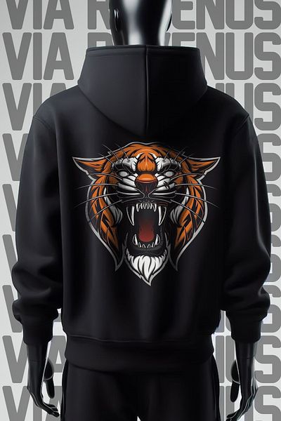 Vordevia Φούτερ Tiger Black Hooded 3 Thread - Εκτύπωση μπροστά και πίσω