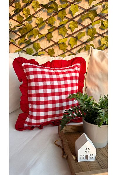 Decamor home Red Linen Gingham Vintage Frilly Throw Pillow Cover