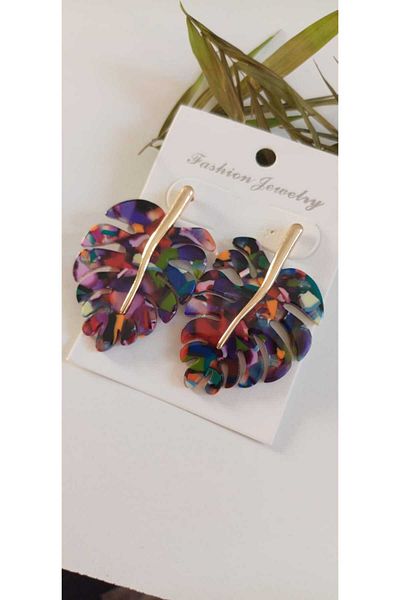 Feride Vintage Steel Earrings - Porcelain Leaf Detail, Vip Series, Antiallergic Tarnish Color Earrings