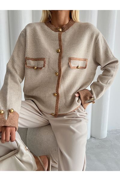 Laluvia Colorful Cream-Beige Rich Pocket Cardigan
