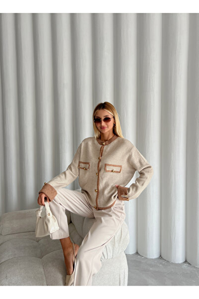 Laluvia Colorful Cream-Beige Rich Pocket Cardigan