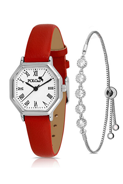 Polo Air Geometrik Kasa Deri Kordon Kadın Kol Saati Zirkon Taşlı 5 Taş Bilekl...