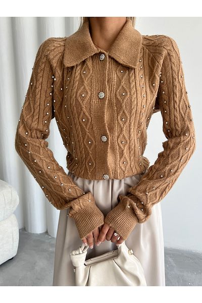 Laluvia Camel Diamond Buttoned Stone Cardigan-th 241051