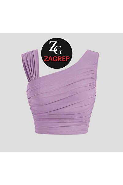 Zagrep Lilac Women's Crop Top - Shoulder Detailed, Draped, Sleeves, Inner Look Free Silk Jersey