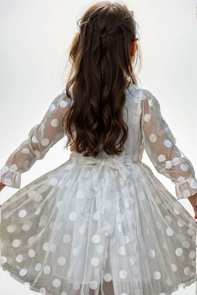 Riccotarz White Polka Dot Detailed Girl's Dress - Transparent Tulle Sleeves