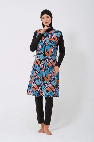 vawensea Women's Sleeves and Tights Lycra and Body Parachute Hijab Swimsuit Blue Leaf