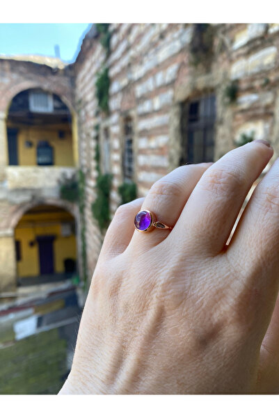 By Atölye Doğal Ametist Taşlı Yuvarlak Gümüş Yüzük