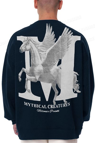 Millionaire Ανδρικό φούτερ Navy Blue Oversize - Mythical Printed, Thick Soft 3 Thread, Raster 0 Neck