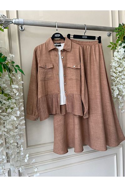 moda periy Women's Pleated Pocketed Jacket Skirt Double Combination Muslim Suit
