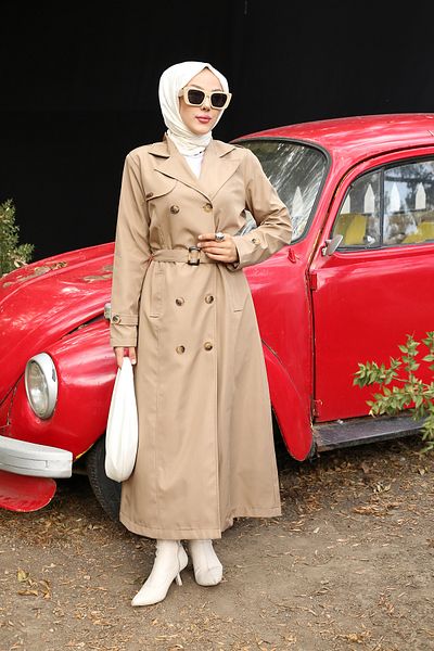 PİNK FLY Μακριά γυναικεία καμπαρντίνα Hijab - Διπλό γιακά, Φόδρα, Βιζόν