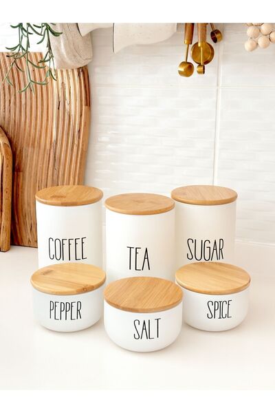 Minika Home طقم 6 برطمانات زجاجية بغطاء مفرغ من الخيزران (شاي-قهوة-سكر-ملح-به...