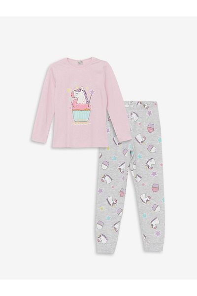 LC Waikiki Crew Neck Printed Long Sleeve Girl's Pajama Set