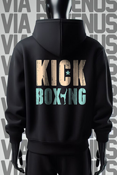 Vordevia Imprimat colorat Kick Boxing - Hanorac negru cu glugă, cu 3 fire, cu...