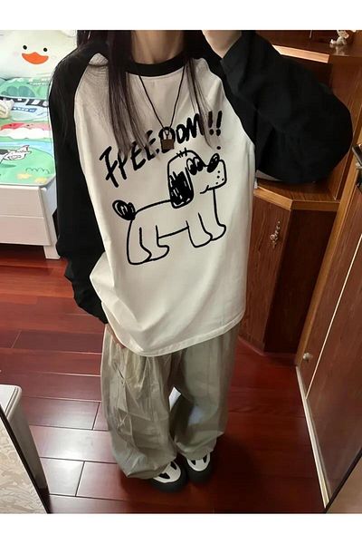 Touz Moda Λευκό μακρυμάνικο μπλουζάκι Raglan με στάμπα Freedom Dog