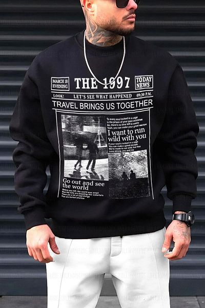 Millionaire Ανδρικό μαύρο φούτερ 1997 με στάμπα 0 με λαιμόκοψη, φαρδιά φούτερ από φλις