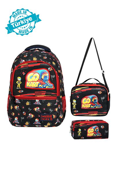 Çanta Trend Rucsac pentru școala primară pentru bărbați - cu licență, model de mașină negru-roșu, cutie de prânz și suport pentru stilou