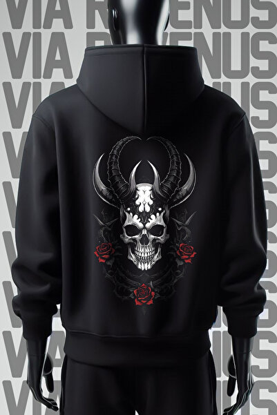 Vordevia Черен суитшърт с качулка и щампа на череп отпред и отзад с 3 нишки и...