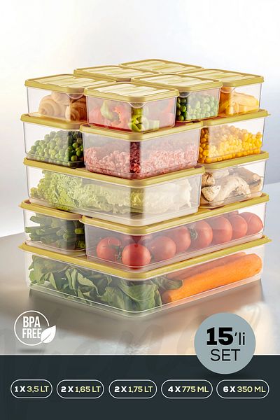 Vienev 15-Piece Yellow Microwaveable Refrigerator Organizer - Freezer Storage Container