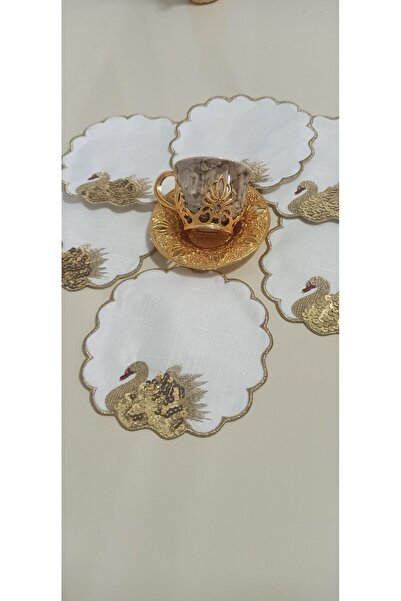 Altın Çeyiz Tekstil Kokteyl Kahve Yanı Kuğulu Pullu Sarı Sunumluk Peçetesi 6'lı