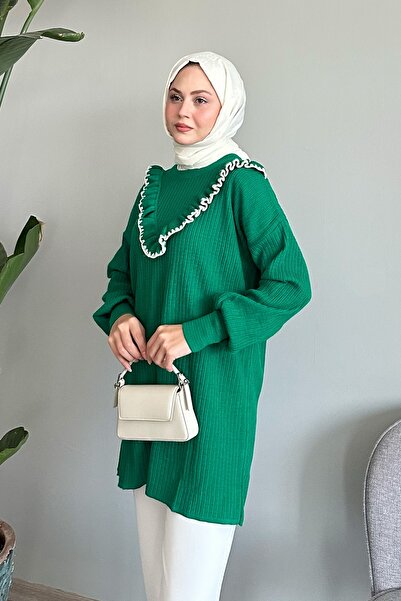 InStyle Πράσινο πλεκτό πουλόβερ - με βολάν και λεπτομέρεια ραφής