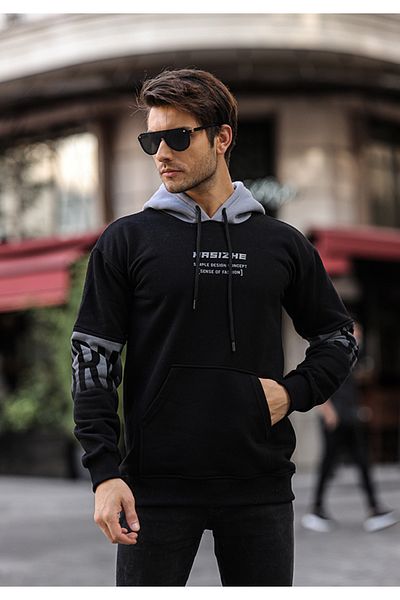 aziso Men's Hooded Black Basic Sweatshirt - Printed