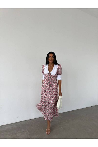 LB Laluna Butik Baby Collar and Buttoned Floral Patterned Women's Long Dress