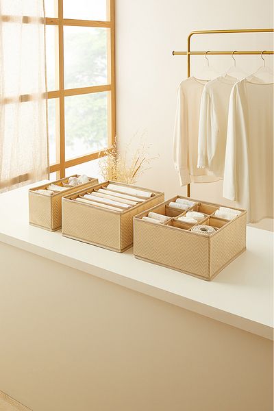 Ocean Home Textile Σετ οργάνωσης πτυσσόμενου κουτιού αποθήκευσης 3 θέσεων κυψελοειδές μπεζ συρτάρι ντουλάπι οργάνωσης πλυντηρίων ρούχων