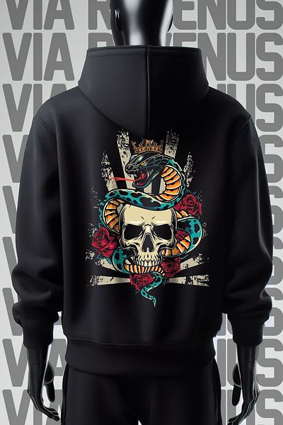 Vordevia Skull and Cobra Printed - Φούτερ με φαρδιά εφαρμογή με 3 νήματα μαύρη κουκούλα