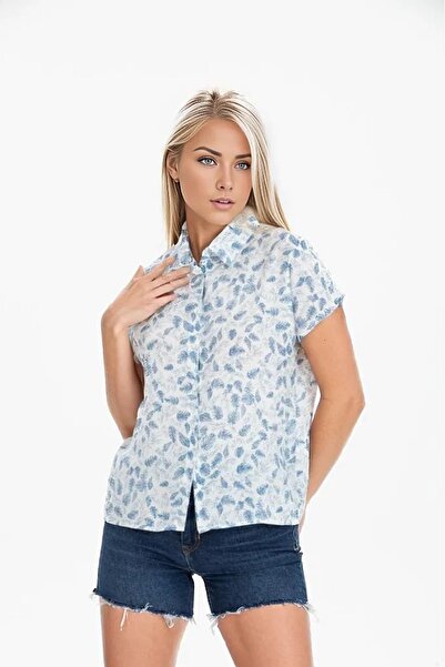 Cassime Жіноча сорочка з коротким рукавом, відкрита, блакитна, з візерунком у вигляді листя