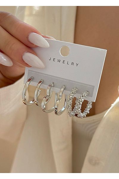 takıtarzım Set of 3 Heart Serrated Silver Earrings Set - Plain Hoop
