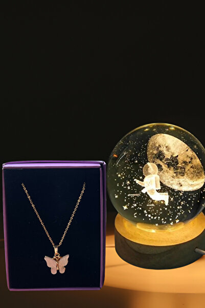 Saltos Işıklı Küre Beyaz Kelebekli Kolye Doğum Günü Hediyesi Kız Arkadaşa Hed...