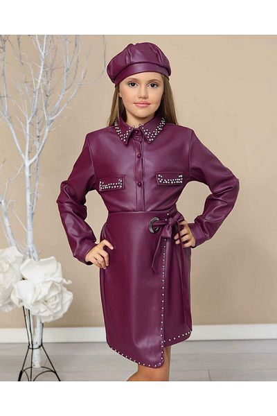 By Feyza Kids Collection Set 3 piese cu detaliu perlat cu fusta din piele pentru fata