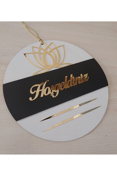 HeiN Lotus Patterned Welcome Written Mirrored Plexiglass Wooden Door Ornament
