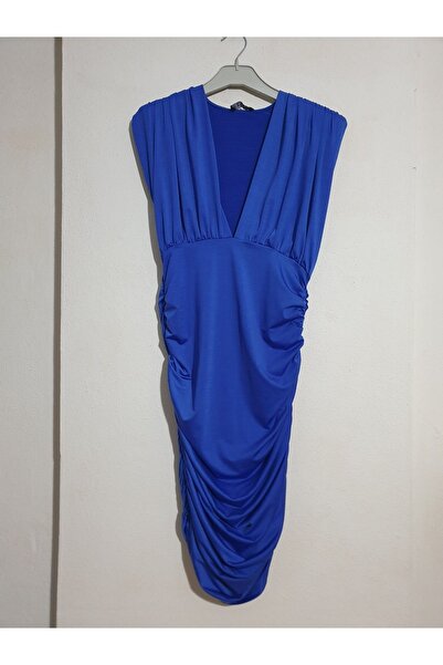 S&A Collectionn Kadın Derin V Yaka Vatkalı Kolsuz Komple Drapeli Astarlı Dizde Midiboy Elbise Saks