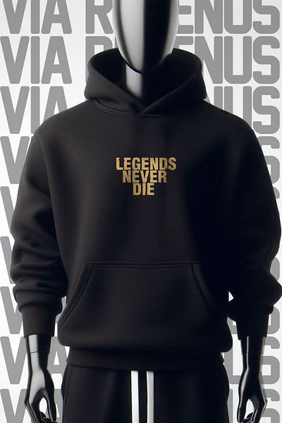 Vordevia Legends Neve Die - Φούτερ με φαρδιά εφαρμογή με 3 νήματα, μπροστινή και πίσω στάμπα με μαύρη κουκούλα