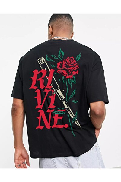 Ghedto تيشيرت ريفين كبير الحجم للجنسين باللون الأسود