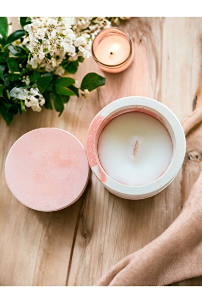 Jizel Terra Rosa/Vanilya Kokulu Doğal Vegan Soya Mum/Beton Kapaklı Mumluk/Ahş...