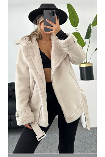 Stealle Кремаво суедно мотоциклетно яке - дамско, с подплата от копринен флис