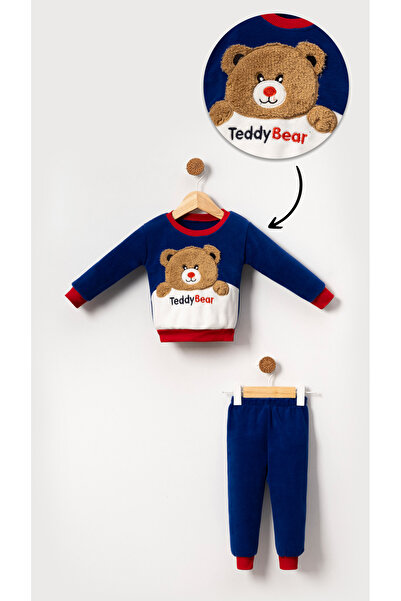 Bubito Teddy Bear Görselli Erkek Bebek & Çocuk Polar Kışlık Alt Üst Takım-Mavi