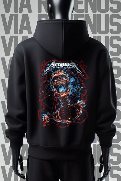 Vordevia Hanorac negru cu glugă Metallica cu 3 fire Wide Mold - Imprimat pe față și pe spate