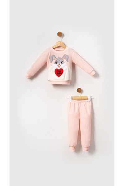 Bubito Fleece Winter Set with Rabbit Image for Baby Girl and Child - Salmon