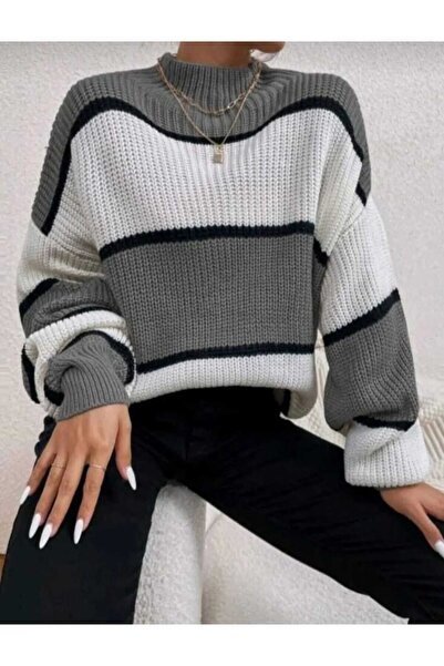 MODASPARK Gray White Half Fisherman Oversize Women's Knitwear Sweater