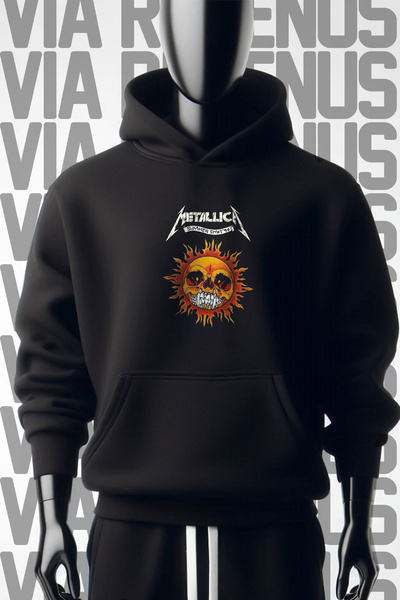 Vordevia Hanorac negru cu glugă Metallica cu 3 fire Wide Mold - Imprimat pe față și pe spate