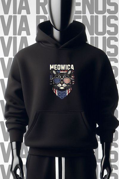 Vordevia Черен суитшърт с качулка Meowice - 3 нишки, щампа отпред и отзад, широк модел