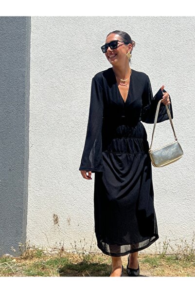 Dresslabtr Midi Boy Astarlı Kol Kısımları Transparan Siyah Uzun Örme Kumaş Elbise